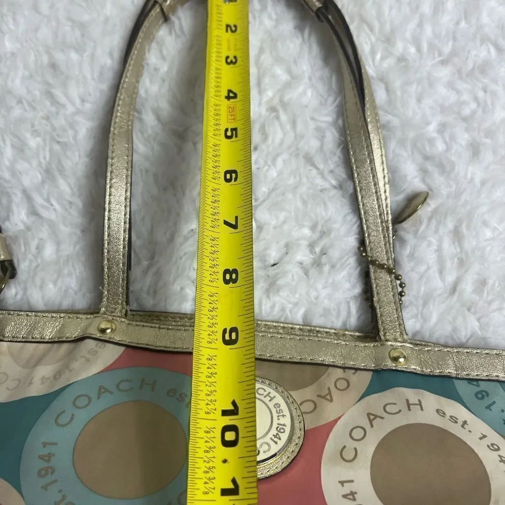 Coach satin scarf print 1941 beige ,khaki,peach & mint green color small tote. - Picture 11 of 16